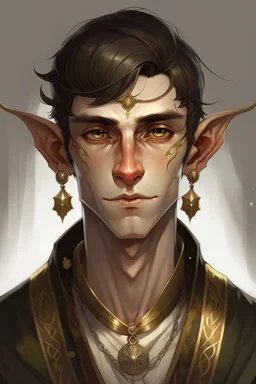 a wealthy half elf young man with pointy ears and gold sclera eyes with no pupils, wears lots of jewelry