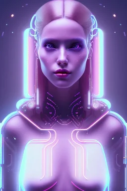 cyberpunk, head, women, portrai, tron sketch of a girl on lined paperA beautiful one nude body of a make up smiling woman blond long hair, alone, high key lighting, volumetric light high details with white stripes and blue eye, smiling with plump pink lips, flowers around, unreal engine petit prince belle fine, profil de trois quart, grand front cosmique, peau bleu cristalline, yeux bleu, perle sur le front long cheveux blond et rose etoilé, cristaux sur le corps, collier de grande princesse, l