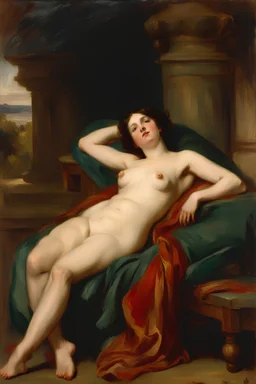 oil painting William Etty, portrait of a naked charming old woman lying