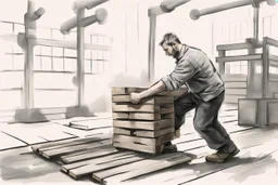 a man from sweden, very strong pushing a wooden pallet along the floor in a factory, very basic sketch painting like the image i uploaded
