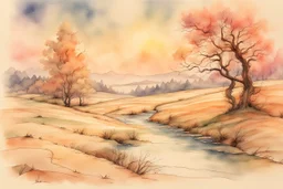 Watercolor painting landscape in style of Arthur Rackham, soft pastel colors Modifiers: Award winning photography 4K 3D colourful