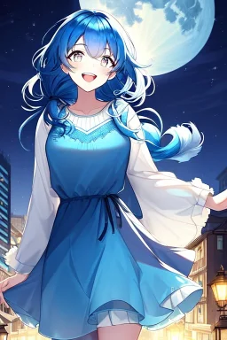 girl, masterpiece, best quality, cinematic lighting, detailed outfit, vibrant colors, perfect eyes, blue hair, long hair, white eyes, low tied hair, messy hair, night sky, town, sparkle, laughing, moon,