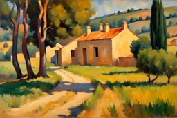 sunny day, mountains, trees, dirt road, countryside, nostalgy influence, adobe house, wilfrid de glehn and paul cezanne impressionism paintings