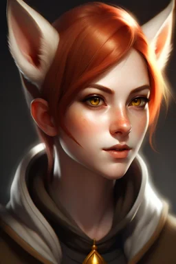 A female with very short red hair, gold eyes, large fox ears, slight smile, pale skin