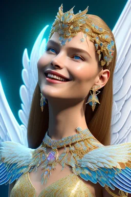 A portrait of a crystalline woman smiling, with wings, mythical,fantasy , magnificent, majestic, very happy, highly intricate, Realistic photography, incredibly detailed, ultra high resolution, 8k, complex 3d render, cinema 4d