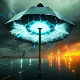 A giant umbrella. Big Open umbrella. open on a city street. Umbrella Fire. stormy day. lightning and storm clouds. Horizon. Dark sky, cascade, rain. Elegant. Extremely detailed. Award winning photography. Fantasy. 8k. Cinematic lighting. Photorealistic. Dynamic lighting. Imperial colors. Crisp quality. Unreal Engine. Colourful cinematic postprocessing.. VRay.