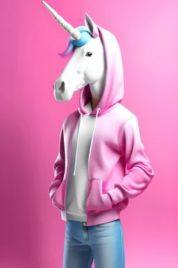 une représentation d'une licorne debout à l'aspect humain avec un pantalon jeans et une capuche rose. le fond de l'image est blanche et la licorne doit etre très féminine