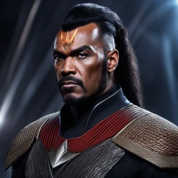 [Star Trek] Generate an awe-inspiring image of a fearsome Klingon warrior, with their imposing cranial ridges, intense gaze, and intricate braided hairstyle, ready to conquer the galaxy.