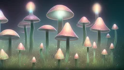 tall narrow delicate detailed mushrooms, with umbrella caps, phosphorescence glowing in the night