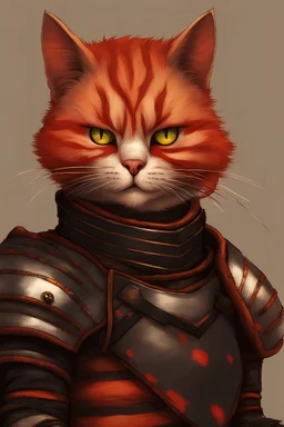 A humanoid cat with sunset orange fur and blood red stripes. Wearing black leather armour. Wielding a thin rapier. Looks like a criminal. Blinking with one eye. Scar over the right eye.