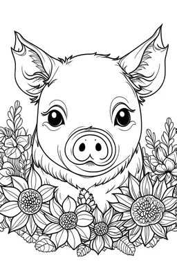 portrait of cute pig and background fill with flowers on white paper with black outline only