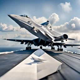 A paper airplane landing on an aircraft carrier.