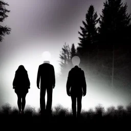 three figures, silhouettes, dark, foggy weather, night, forest, black, horror, art, evil, dark effect, trees, more trees, deep forest, eyes in face, different height,