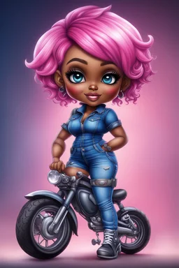 create an airbrush illustration of a chibi cartoon voluptuous black female wearing a blue jean outfit with biker boots. Prominent make up with hazel eyes. Extremely highly detail of a very low pink pixie haircut. Background of a bike show.