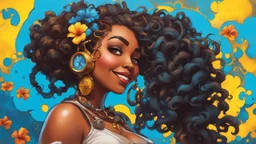 create a graffiti steampunk painting art style image with exaggerated features, 8k. cartoon image of a curvy CARRIBEAN female looking off to the side with a SMILE, large thick tightly curly asymmetrical sister locs in a messy bun. Very beautiful. BRIGHT BLUE and YELLOW hibiscus flowers