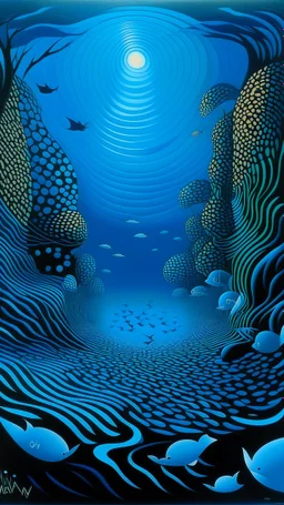 A dark blue underwater cove in the abyss with music notes painted by Victor Vasarely