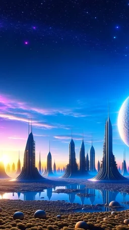 beautiful alien city. large planets in sky