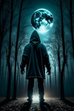 Dark forest with bright moonlight, Full moon, a hooded man is standing with hands up