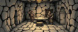 book illustration, artist drawn fantasy map of 4x4 meter room, with an ogre and an orc captain, and a chest under a table, the room is rough and cavelike, we also see mapping of the corridors around the room