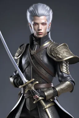 gray hair young adult royal guard swordsman with rapier