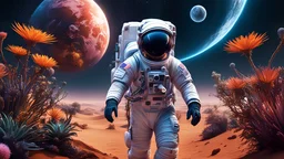 Expressively detailed and intricate 3d rendering of a hyperrealistic: Astronaut explores space being desert planet. Astronaut space suit performing extra cosmic activity space against stars and planets background. cyberpunk plants and flowers, neon, vines, flying insect, front view, dripping colorful paint, tribalism, gothic, shamanism, cosmic fractals, dystopian, dendritic, artstation: award-winning: professional portrait: atmospheric: commanding: fantastical: clarity: 16k: ultra quality: