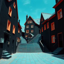 Fotografia di strada assurda e falsa orripilante blu weirdcore dai colori vivaci, liminalcore. Escher. Confusione geometrica. Scale che scendono. Yves Tanguy. Non luogo falso, inusuale. Le case sono false e dipinte di nero chiaro con cose stilizzate e dettagli. Ci sono finestrelle false quadrate, che danno un senso distopico e molto surreale, disposte in modo casuale. L'atmosfera generale sembra noiosa e onirica, con un contrasto tra elementi reali ed elementi dipinti falsi, René Magritte