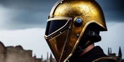 apocalypse, chaotic, magnificent, realistic, colorful, massive, epic, ray tracing, cinematic, 8k, HD, Ultra High Definition, photo film, film grain, hyper-detailed, old tarnished ornate rusty Hyper detailed Gold Gothic Medieval Knight helmet with glass visor covering face and matching suit of armor, background with colorful destroyed ancient gothic ruins