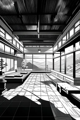 Onsen large space , interior, manga style, black and white, Japanese culture