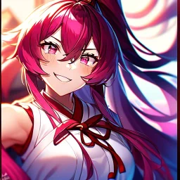 Clear focus, 8k, beautiful lighting, vibrant colors, girl, pink long hair, vibrant pink eyes, miko, ponytail, hair in between the eyes, up close, laughing, angry, messy hair,