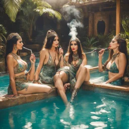 Elvish harem women smoking hookah in a pool