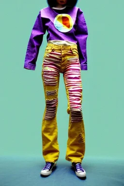 Photograph of a woman. Low waist jeans, middle-blue !!!Baggy, 1996!Huge plant prints on denim,terracotta,cream,purple,lilac. Cream colored latex parts. imperial yellow, red plum stripes, only on the top half of t-shirt. European daft punk woman. Mantle is sewed of recycled Denim and sewed together of recycled polymer felt. lace, Yellow(Munsell) areas. hint of orange as effect color!!Big bright purple/khaki felt tippet and cream or blue or lilac colored-hood. mantle is merged with cobalt boler