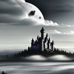 a black and menacing castle floating in midst air, hilly environment, cloudy sky