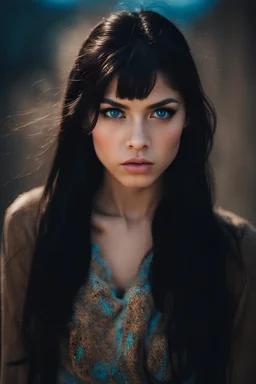 portrait of an 18 year girl with black hair and blue eyes, with a toned body and an angry expression expression