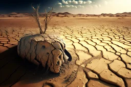 A picture of an AI, in the background drought-cracked earth