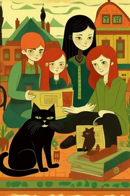 Act like a book cover designer. Use folk art style. Grimmy black cat and a group of three teenagers (13-15 years old) - two brothers with ginger hair and frickles with a brown-haired girl. Environment: old town.