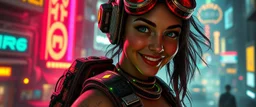cyberpunk space city, in valley, close up on realistic A charming smiling space pirate hi class girl with disco ball rocket shooting sparks backpack , Blew a fuse in his hips and short-circuited his bits, The Martian fluffy gremlins went wild, the Plutonians dogs screamed, Even black-and-white aliens turned ultraviolet green! in the style of fallout 4 and HR Giger, background motion blur , and volume fog spot lights