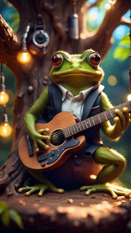 portrait of hairy rock guitar frog living inside a tree house in a hollow huge tree growing light bulbs,bokeh like f/0.8, tilt-shift lens 8k, high detail, smooth render, down-light, unreal engine, prize winning