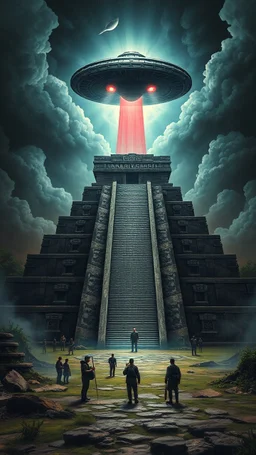 Bosch painting style of nightmare showing a people prying for an alien spaceship hovering over a Mayan permanent temple with storms and clouds , hi quality, 4k, cinematic,