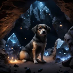 Hyper Realistic dog guarding black crystals with fireflies in a cave at night