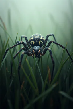 Extremely realistic photo of a big spider among a lot of green grass , fog, general foul weather, (Rembrandt Lighting), zeiss lens, ultra realistic, (high detailed skin:1.2), 8k uhd, dslr, Dramatic Rim light, high quality, Fujifilm XT3, artwork in pale distressed tones , minimalistic approach, blends old world aesthetics art with elements of distressed painting and illustration, shadow play, high conceptuality, palette inspired by Charlene Mc Nally, Bosch