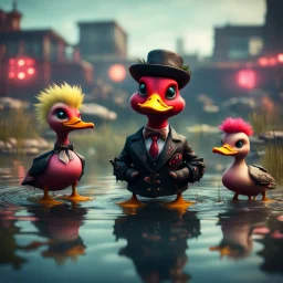 punk duck devil pimp with bitches in pond, in the style of a fallout 4,bokeh like f/0.8, tilt-shift lens 8k, high detail, smooth render, down-light, unreal engine, prize winning