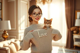 3D characters, sign "LOVE" on a knitted pullover, photorealistic portrait of an elegant pretty young woman shows off a knitted sweater in an elegant beige-white-brown room S<AI in sunshine, cute tabby cat