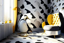 lifelike human feet pattern decorated wallpaper in the background and a penguin shaped and penguin coloured (black and white) armchair in a modern room in sunshine