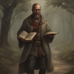 fantasy dnd scholar 40 year old male holding books wearing eye glasses thin body anoresix dirty from travelling the road