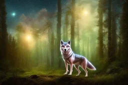 portrait, village, meditation, woods, galaxy sky, wolf, 8k quality