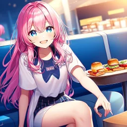 girl, masterpiece, best quality, cinematic lighting, detailed outfit, perfect eyes, long hair, pink hair, blue eyes, laughing, at restaurant, food, detailed background, wide view, god rays, sitting down, casual clothes,