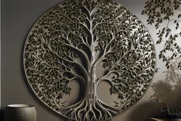 Design a metal wall art piece featuring the silhouette of a tree with intricate branches and leaves. Use metallic finishes for a touch of elegance. Create a mockup of it on the interior wall of a room