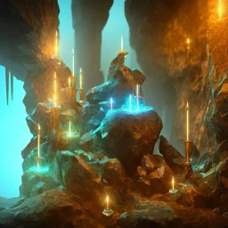 transparent crystal, on an altar in a foggy cave, cinematic,turqoise, bright light colors