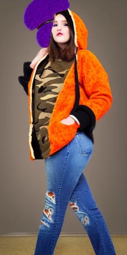 Brunette.thick thighs,thick calves,flat belly,curvy fell. big head. Mantle is sewed of upcycled Denim and sewed together of camouflage pieces. Pieces' color are orange, cream and purple. It is with big bright purple felt tippet and cream-colored-hood. mantle is merged with satchel. . Big AKG-style headphones (gold rings!) is merged with small felt cap with small visor. Style: Haute Couture in 1920's, N.Y.C fashion in 1996, inspired by street art. Cream latex gaiter. Her head and rest body visibl