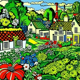 A green village with flowers designed in Bayeux tapestry painted by Roy Lichtenstein